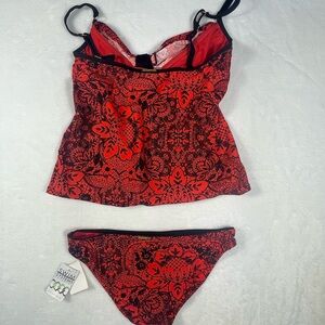 Red Floral and Lace Print Tankini
